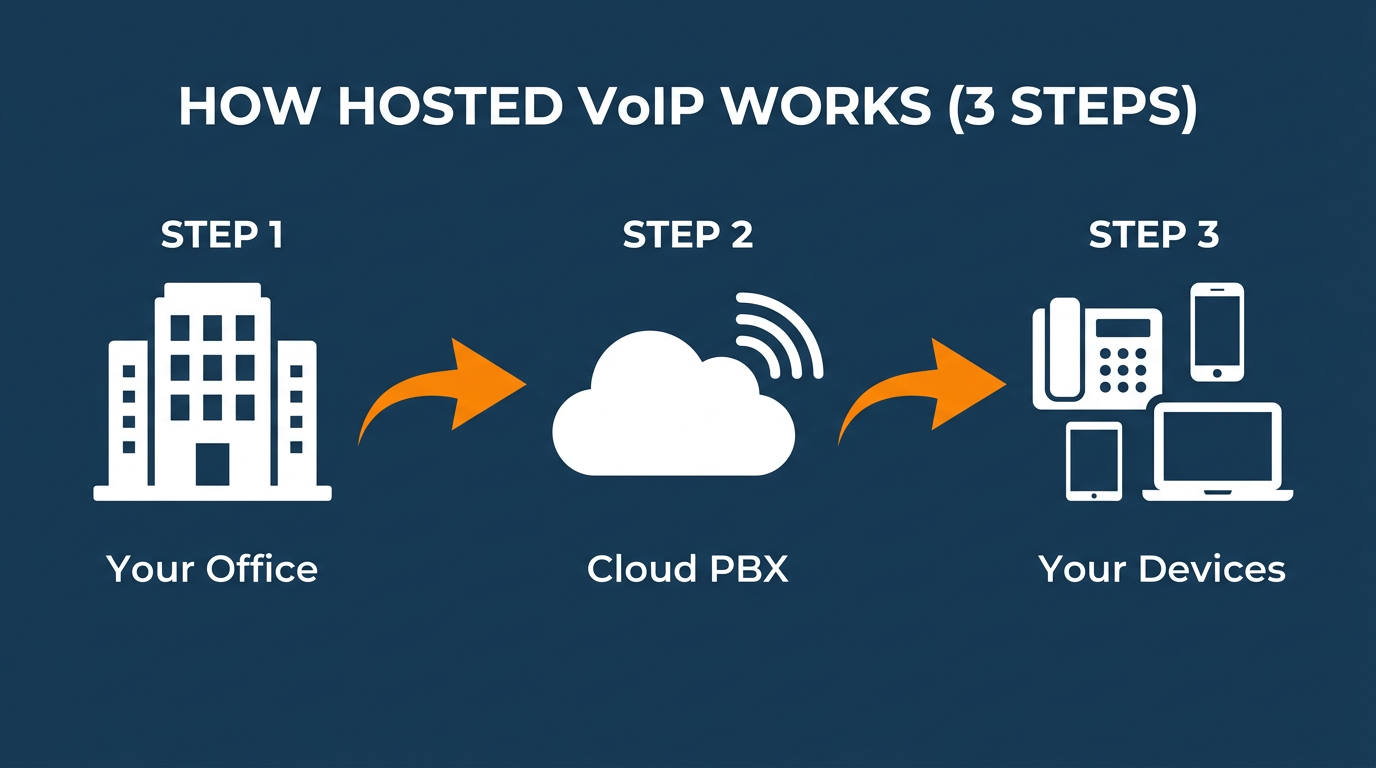 How hosted VoIP works diagram — 3 steps from your office through cloud PBX to your desk phones, mobiles and laptops