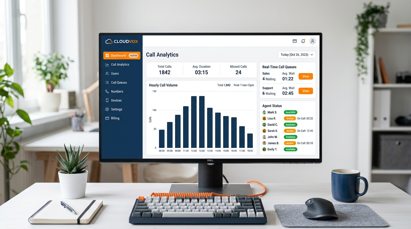 HyperCloud call analytics dashboard — real-time call monitoring and agent status for small business VoIP systems
