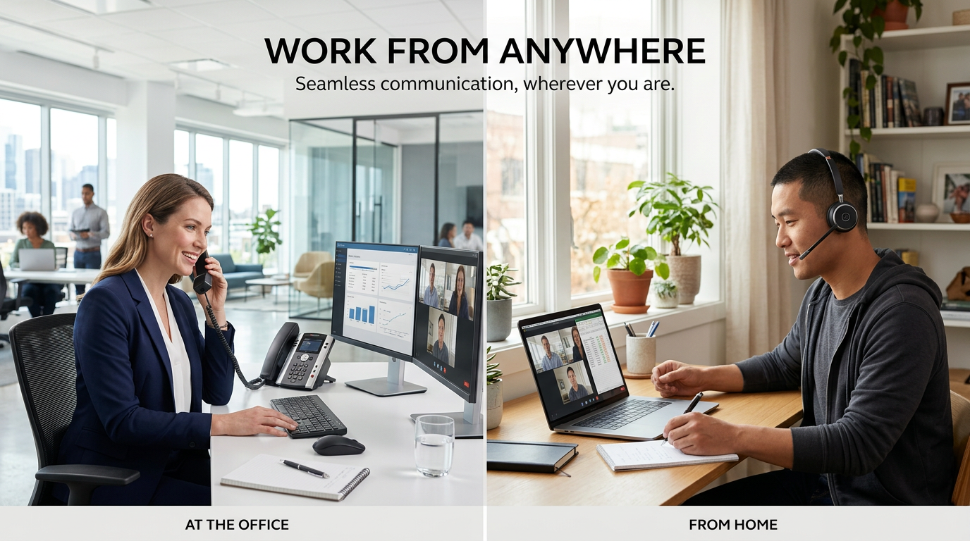 Hosted VoIP enables work from anywhere — office desk phone and remote laptop softphone side by side