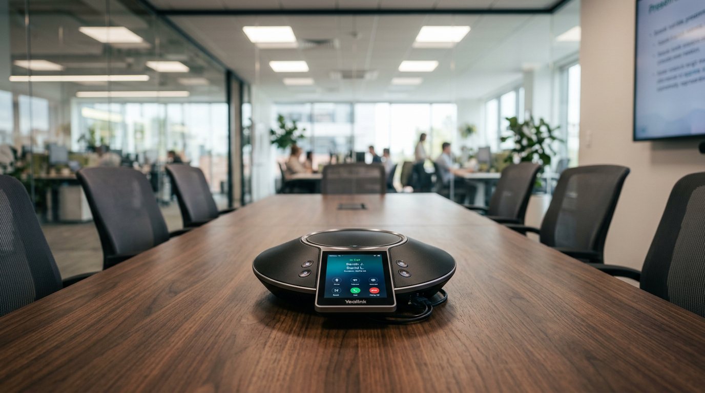 Yealink conference phone in a modern meeting room — ideal for small business conference calling