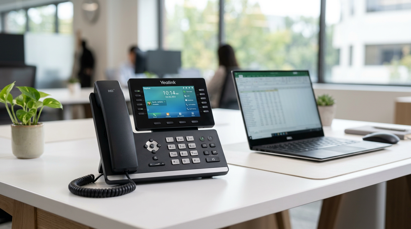 Yealink IP desk phone for hosted VoIP — a modern business desk phone connected to a cloud-based VoIP phone system