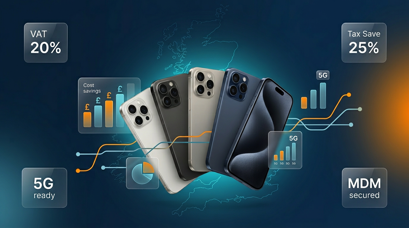 UK business mobiles 2026: fan of five flagship handsets with VAT, tax-save, 5G and MDM stats overlaid on a UK map