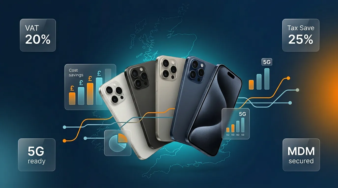 UK business mobiles 2026: fan of five flagship handsets with VAT, tax-save, 5G and MDM stats overlaid on a UK map