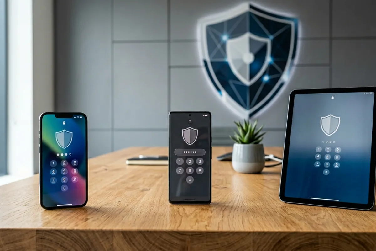 Cyber Essentials BYOD and mobile device requirements — UK business iPhone, Android phone and tablet showing MDM-enforced lock screens with security shield