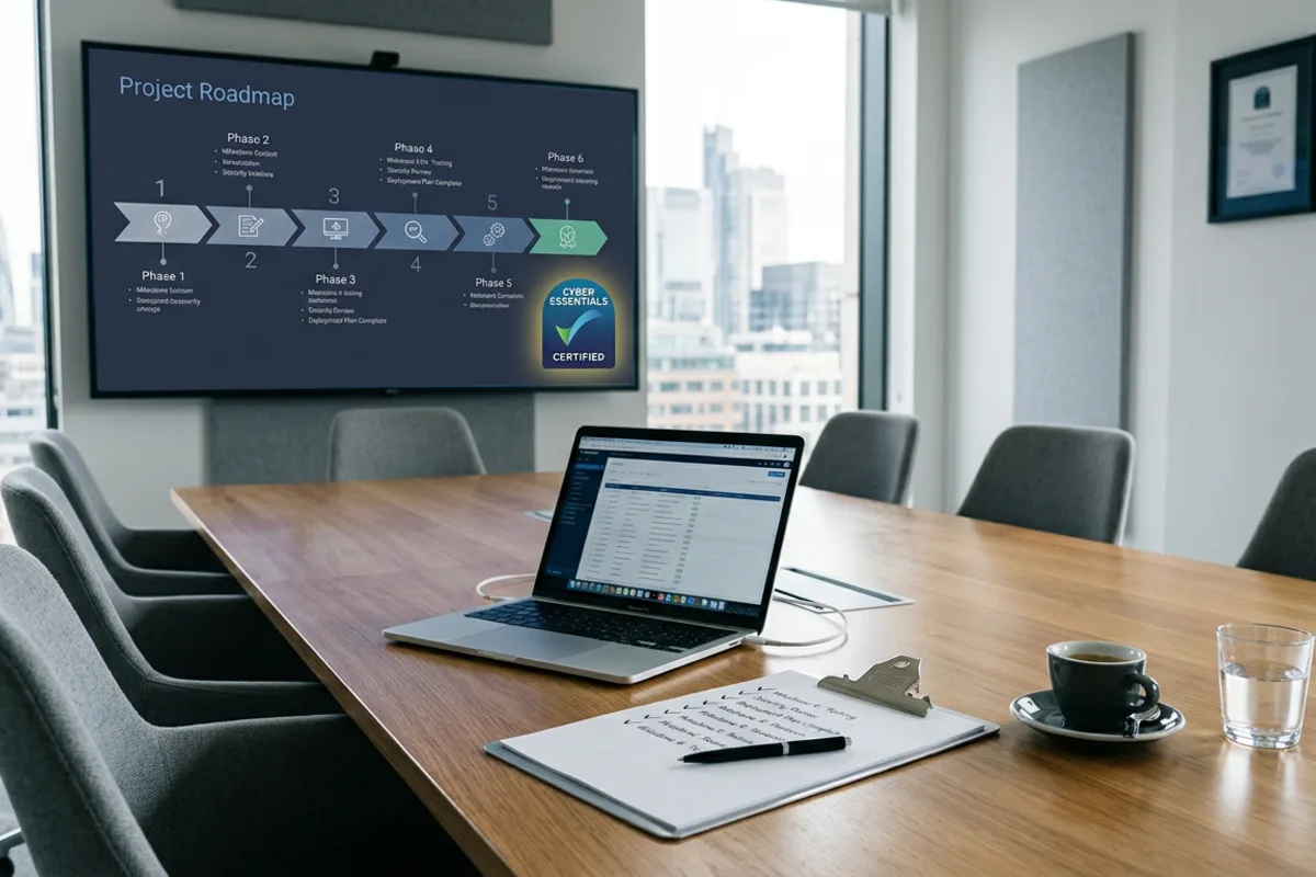 How to get Cyber Essentials certified — UK boardroom monitor showing a six-step certification project roadmap with achievement badge
