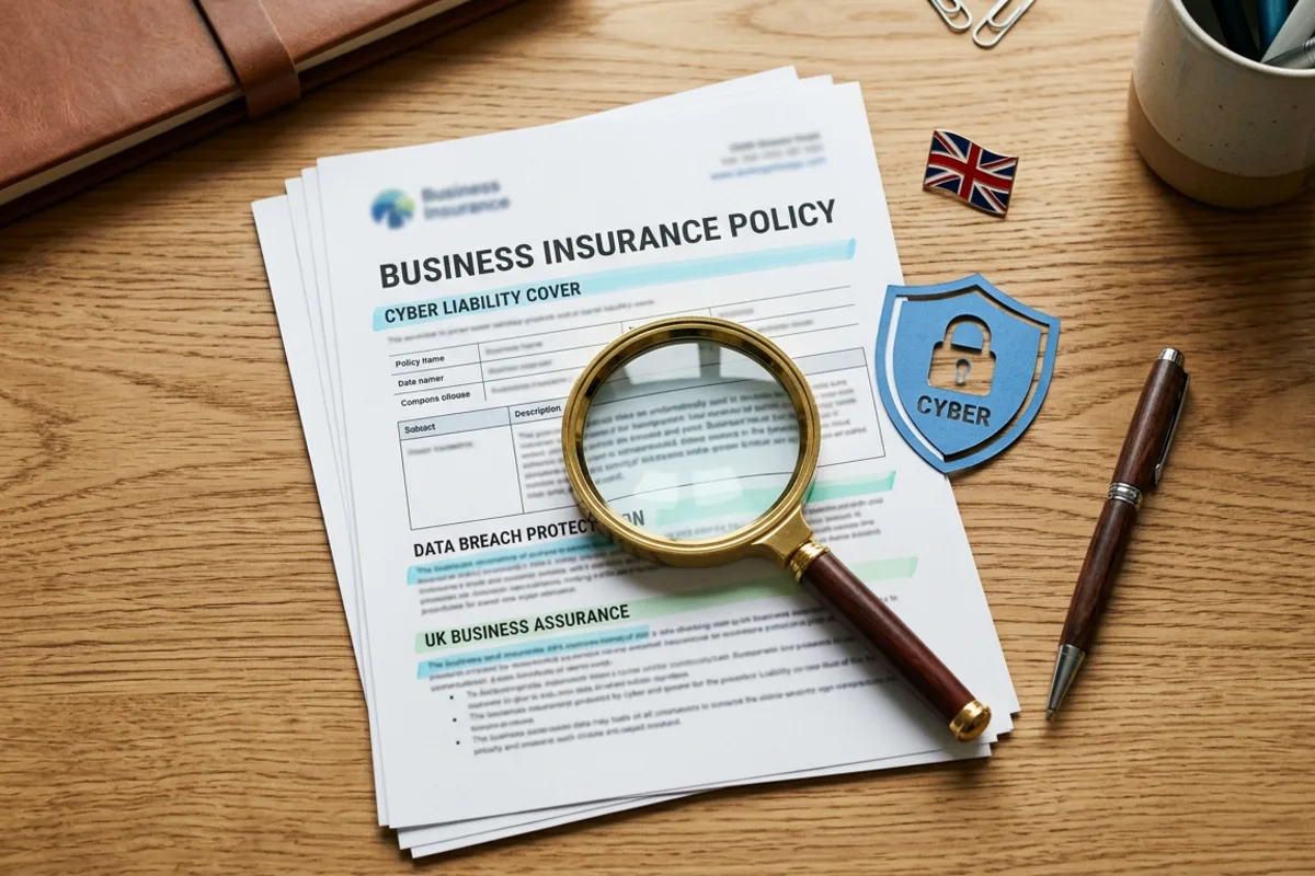 Cyber Essentials insurance — UK business insurance policy with £25,000 cyber liability cover document, magnifying glass, security shield and pen on a desk