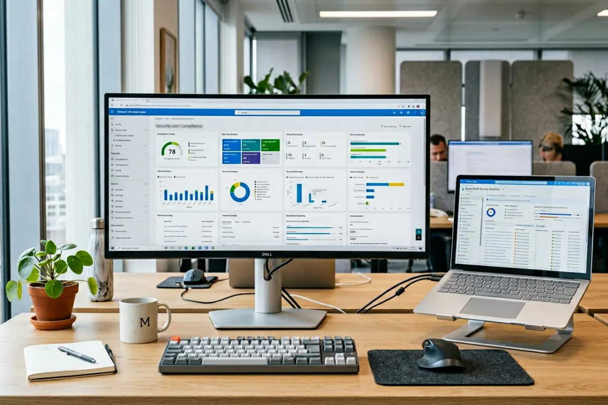 Cyber Essentials Microsoft 365 and Azure configuration — M365 admin centre security dashboard and Azure portal security baselines on a UK office desk