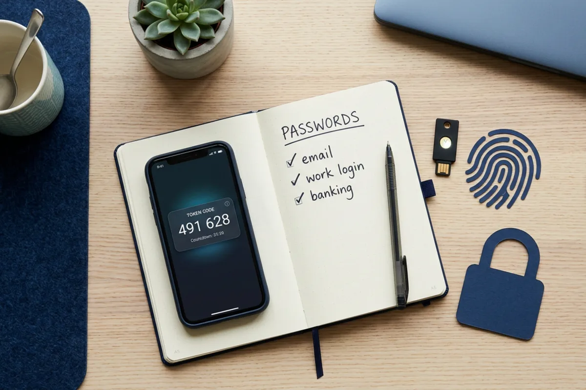 Cyber Essentials password policy and MFA requirements — UK desk with smartphone showing authentication code, hardware security key and passwords notebook