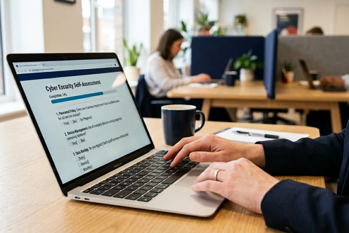 Cyber Essentials questionnaire being completed on a laptop in a UK office — IASME self-assessment online questions and progress bar