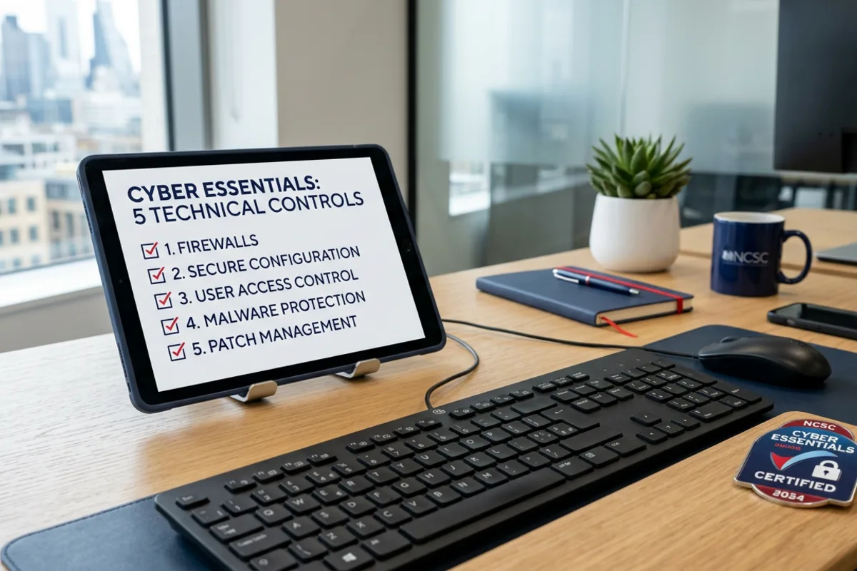 Cyber Essentials requirements UK 2026 — IASME requirements for IT infrastructure v3.2 explained on a tablet showing the five technical controls
