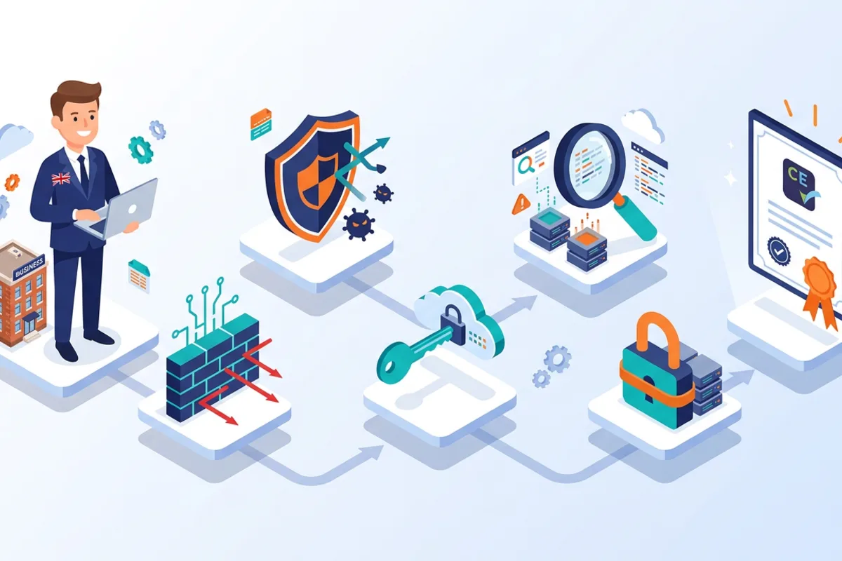What is Cyber Essentials — isometric illustration showing a UK business owner journey through the five technical controls to a Cyber Essentials certificate