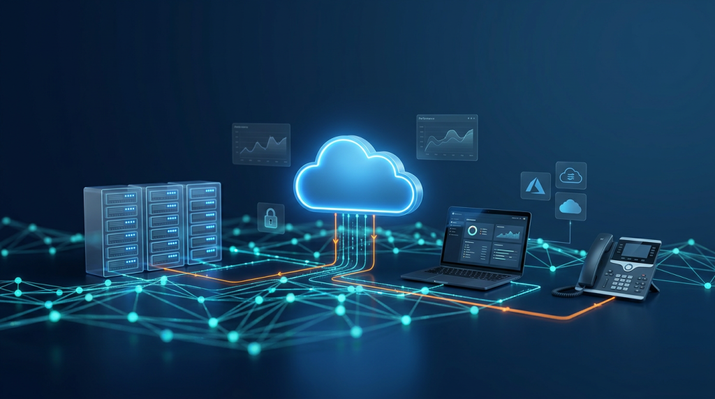 Cloud computing services UK 2026: servers, network, laptop, IP phone connected to a glowing cloud — Microsoft Azure and AWS iconography