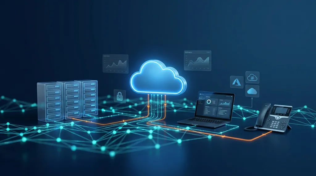 Cloud computing services UK 2026: servers, network, laptop, IP phone connected to a glowing cloud — Microsoft Azure and AWS iconography