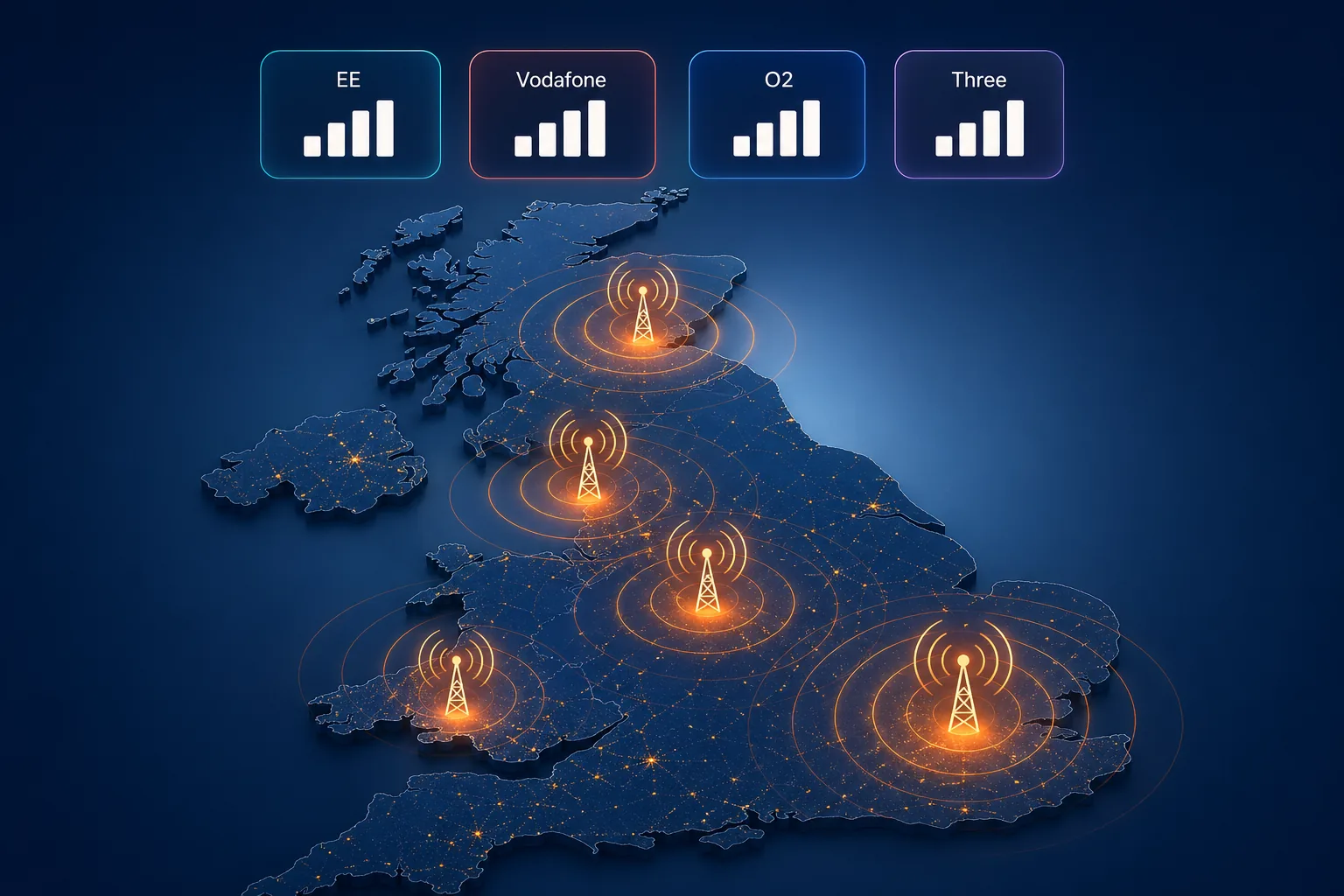UK mobile network coverage map showing EE, Vodafone, O2 and Three signal strength