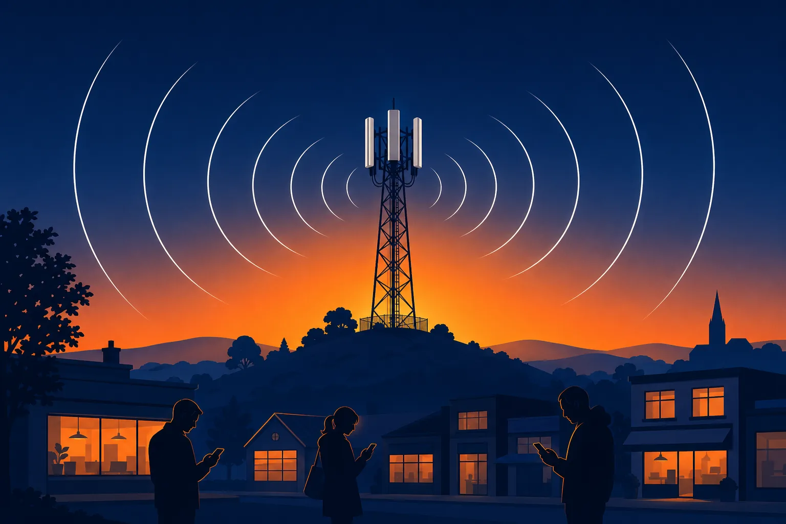 UK mobile network mast at dusk transmitting signal to nearby business premises