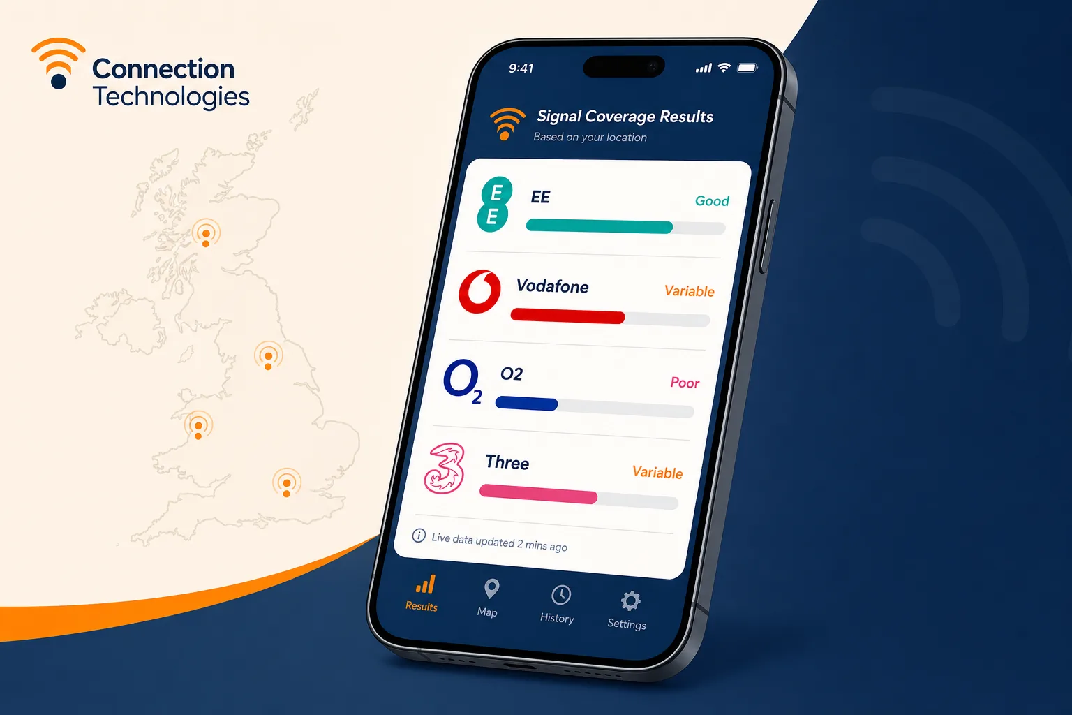 Mobile signal coverage results for EE, Vodafone, O2 and Three displayed on a smartphone
