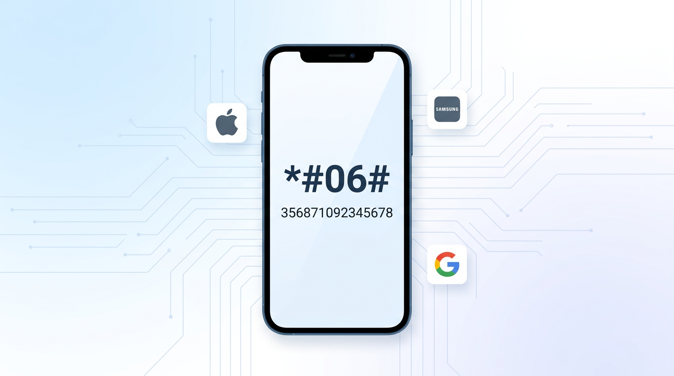 How to find your IMEI number — smartphone displaying *#06# dial code with Apple Samsung and Google brand icons