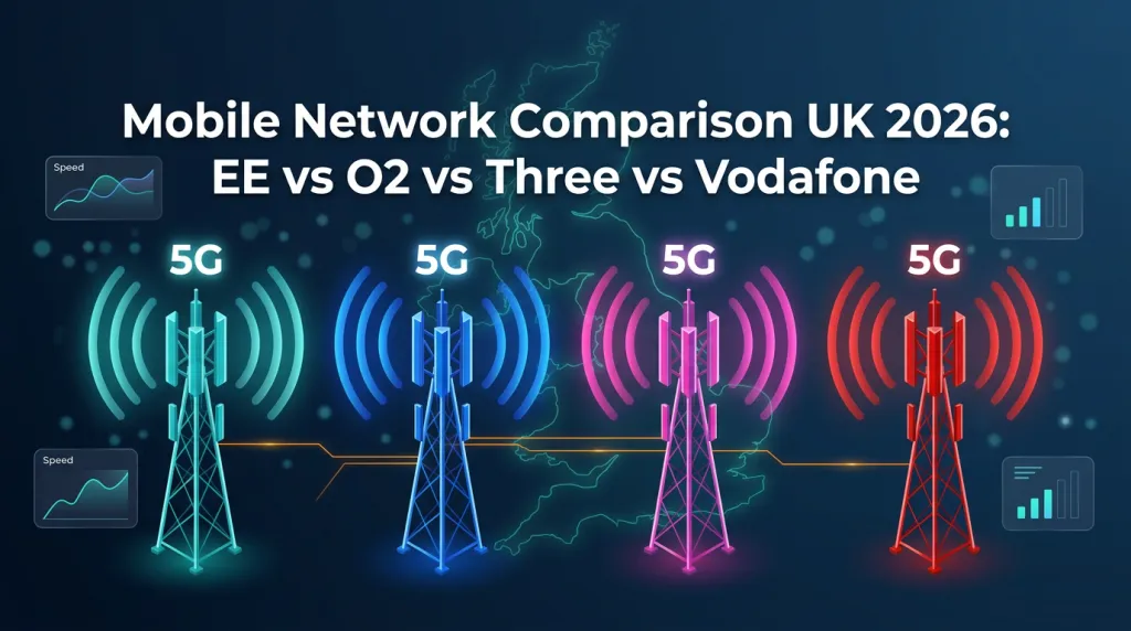 UK mobile network comparison 2026: 4 cell towers in EE teal, O2 blue, Three pink and Vodafone red broadcasting 5G signal across the UK map