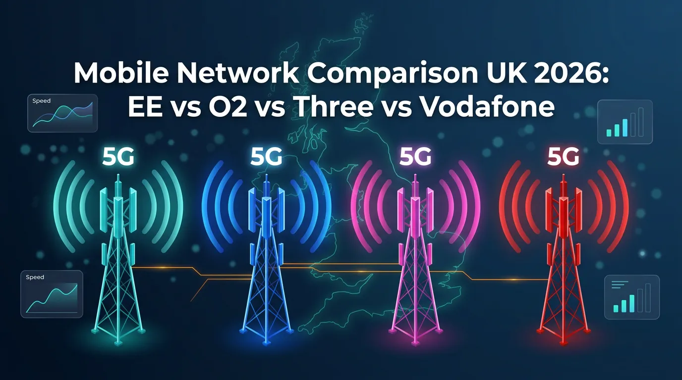 UK mobile network comparison 2026: 4 cell towers in EE teal, O2 blue, Three pink and Vodafone red broadcasting 5G signal across the UK map