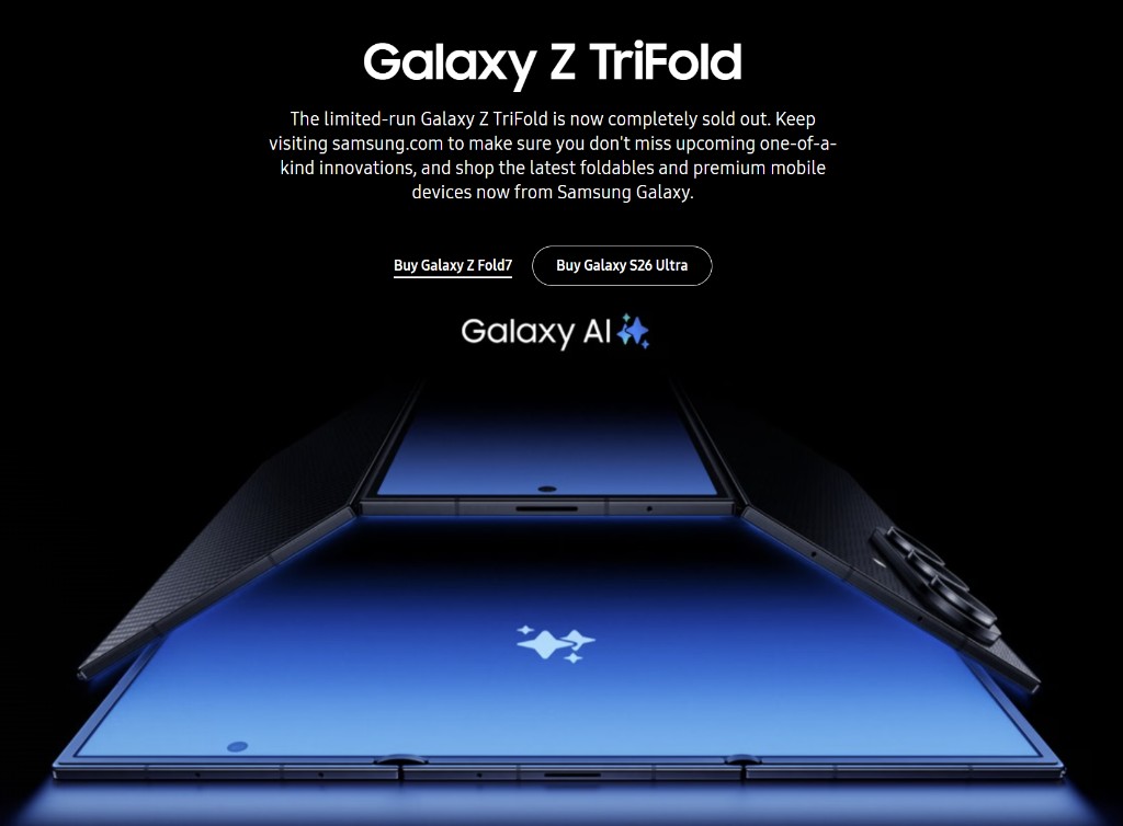 Samsung Galaxy Z TriFold smartphone unfolded showing large blue display with Galaxy AI