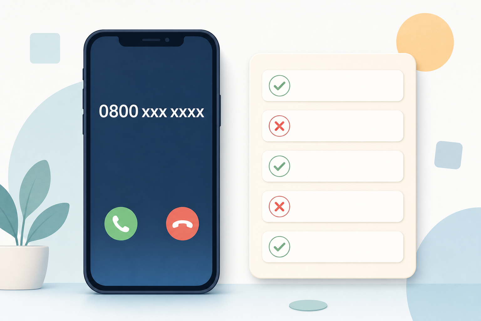 UK smartphone receiving a call from an 0800 xxx xxxx number next to a tick and cross verification checklist