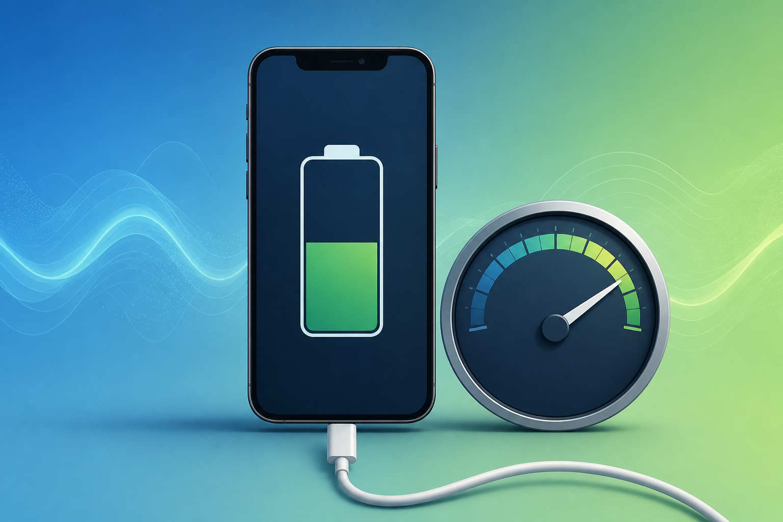 Smartphone showing battery icon at 50 percent next to an analogue battery health gauge with USB-C cable