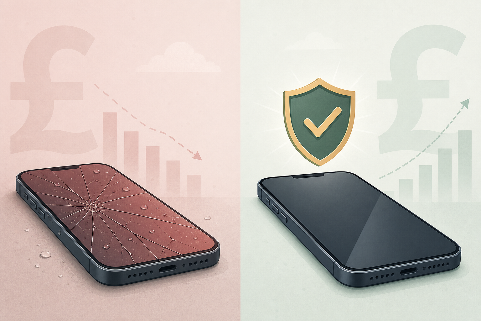 Split-scene illustration showing a cracked, water-damaged business smartphone on the left and a protected, intact phone with a shield icon on the right, illustrating business phone insurance UK options in 2026