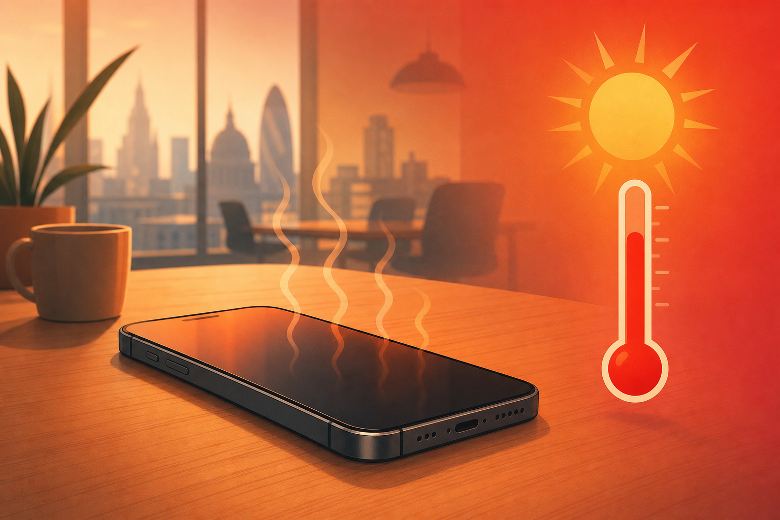 Office desk with smartphone giving off heat shimmer lines beside a red thermometer and sun icon, illustrating business phone overheating