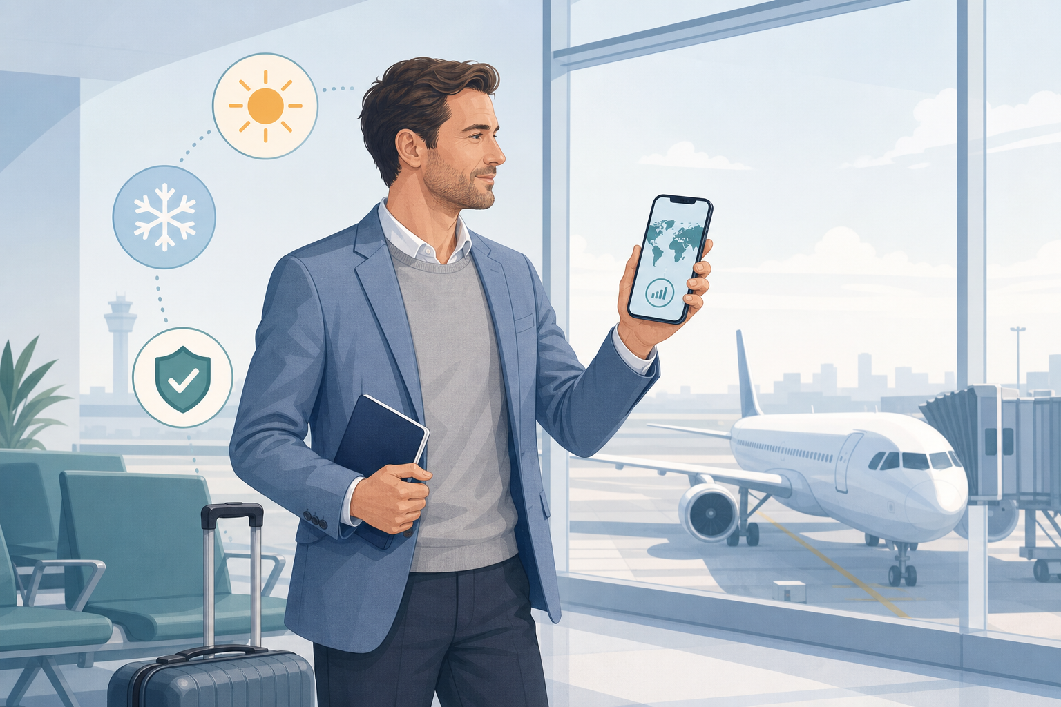 UK business traveller at airport gate holding a smartphone showing roaming map and travel icons