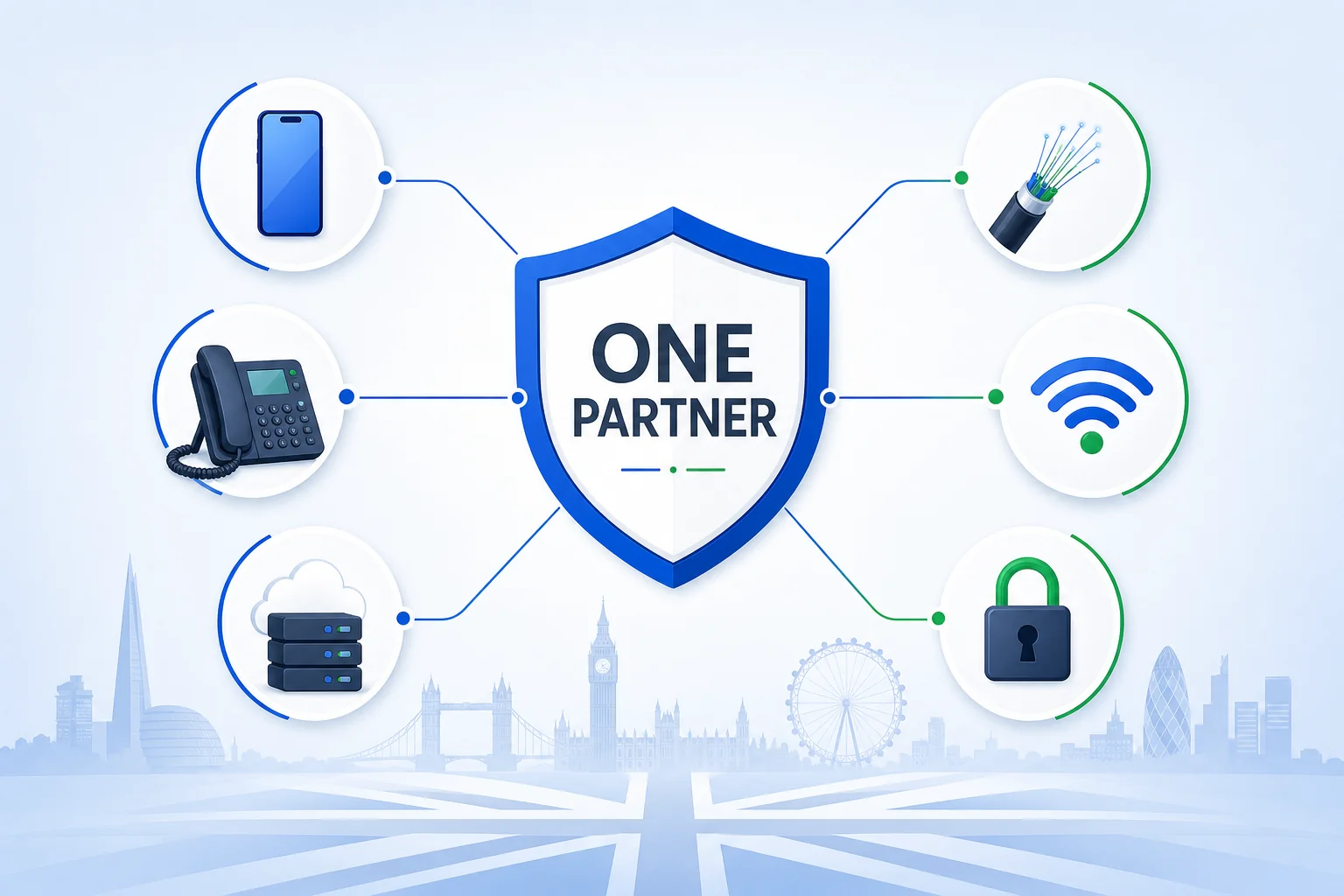 One UK partner for telecoms and IT — central shield connecting six business technology services into a single accountable supplier