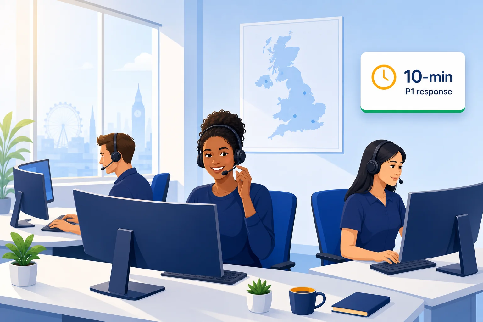 UK-based Connection Technologies IT helpdesk team on headsets with response-time stats overlay