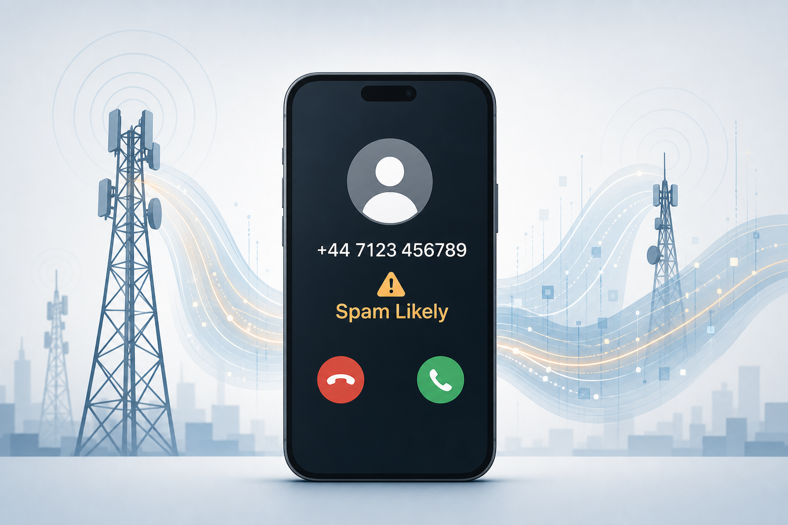iPhone call screen showing a Spam Likely label above an incoming UK number, with stylised data streams from mobile network towers explaining how UK carriers tag iPhone spam likely calls in 2026
