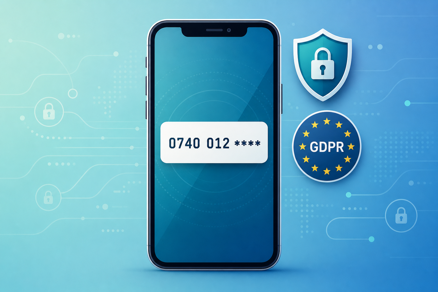 UK mobile phone showing a partially masked number 0740 012 **** with a shield icon and a GDPR emblem on a cool blue background