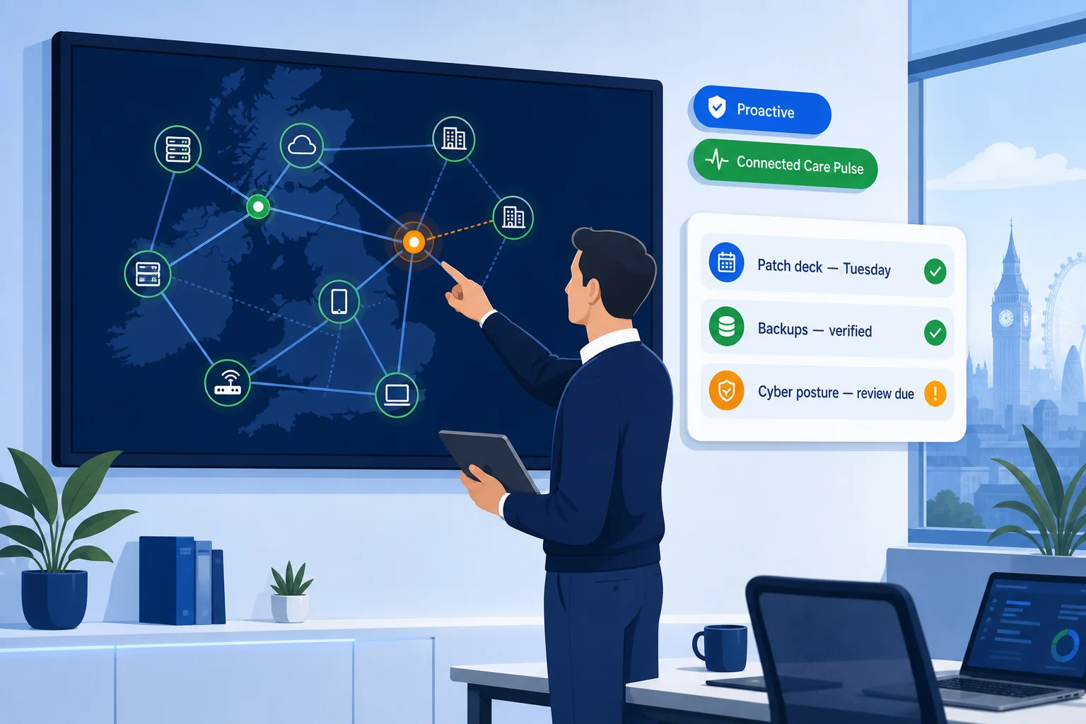 Connected Care Pulse engineer reviewing UK network topology with proactive monitoring badges and scheduled health checks