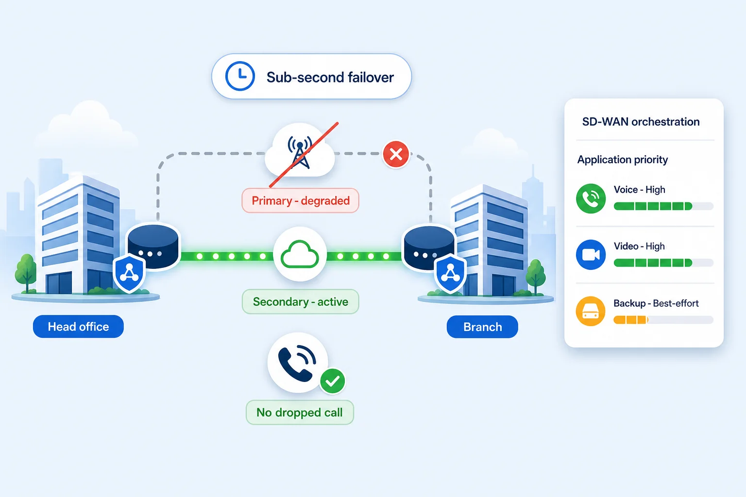 Multi-site SD-WAN failover scene showing primary carrier degraded and secondary carrier active with sub-second failover and no dropped call