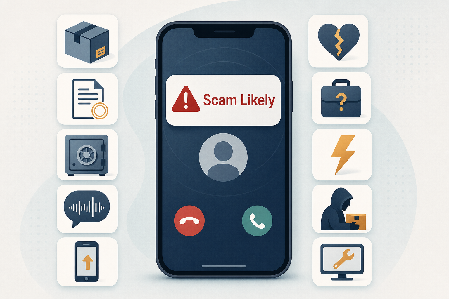 UK smartphone showing a Scam Likely alert surrounded by icons for the top 10 UK phone scams in 2026