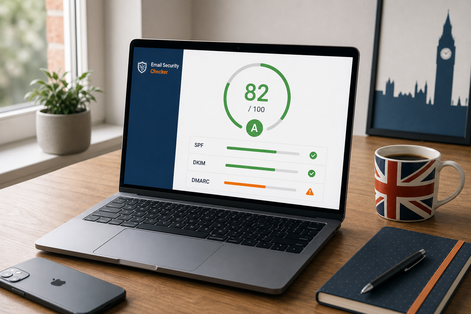 Free email security checker for UK businesses showing SPF, DKIM, DMARC and MTA-STS results