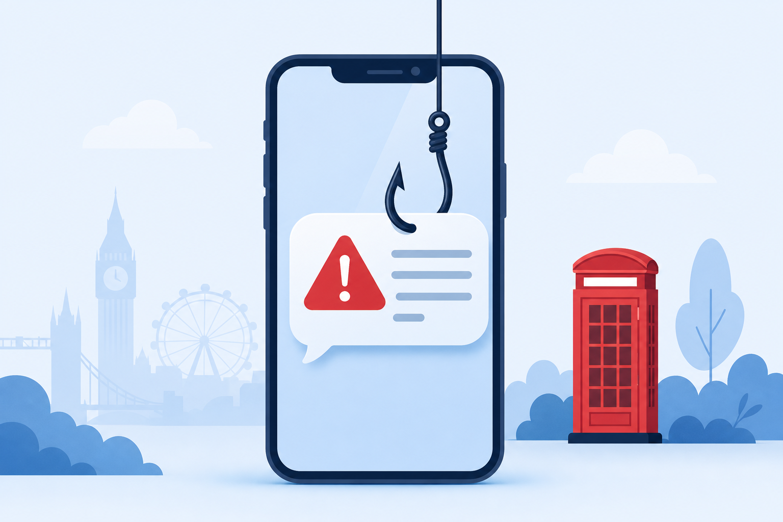 Illustration of a smishing scam text being hooked on a UK smartphone