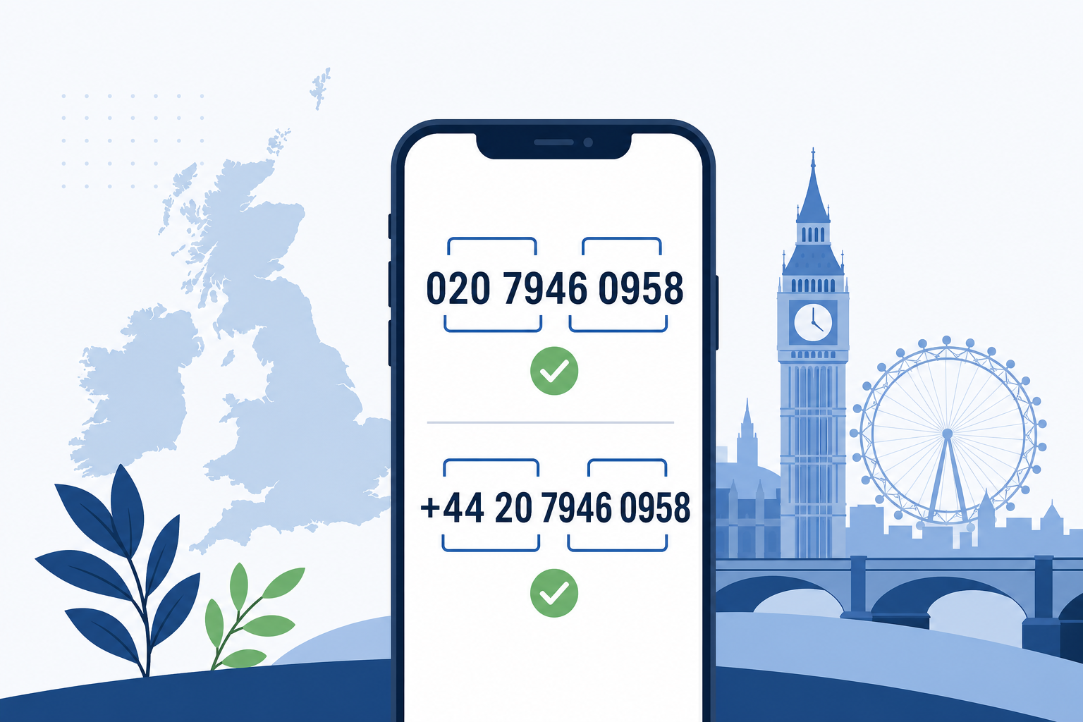 UK mobile and landline number formats shown in national and +44 form
