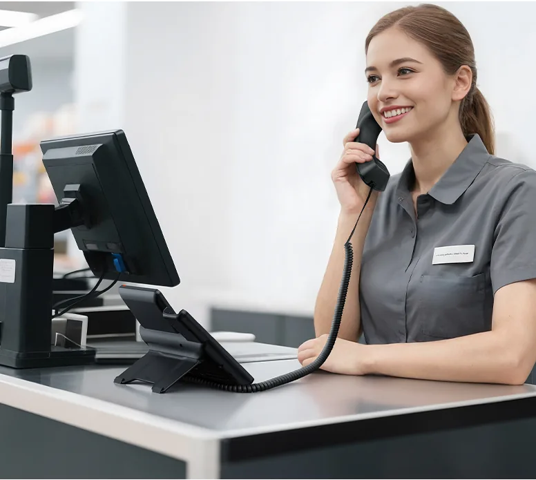 Yealink T73W PoE-powered VoIP desk phone at a reception desk