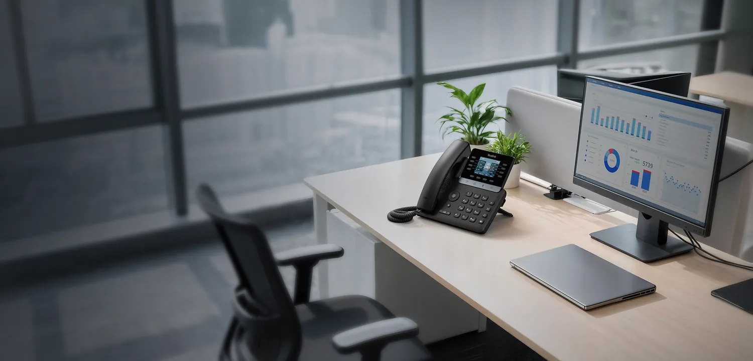 Yealink T73W VoIP desk phone on an office desk, ready for set-up