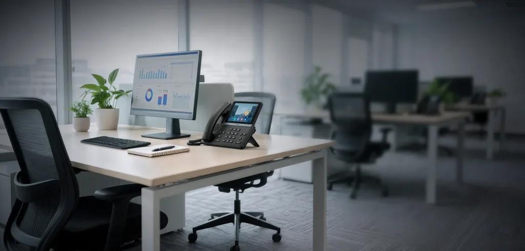 Yealink T77U touch-screen VoIP desk phone on an office desk beside a monitor and keyboard