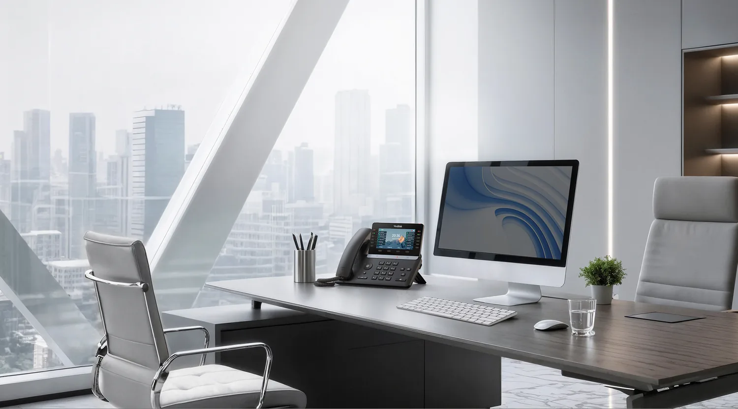 Yealink T85W desk phone beside a laptop running a softphone