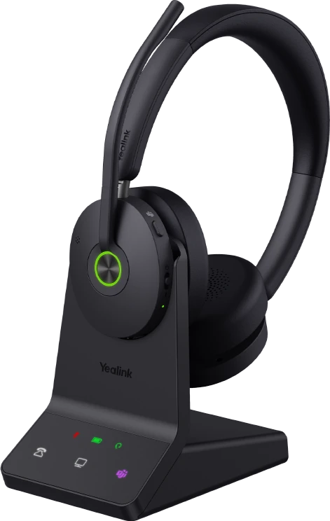 Yealink WH68 wireless DECT headset on its charging base