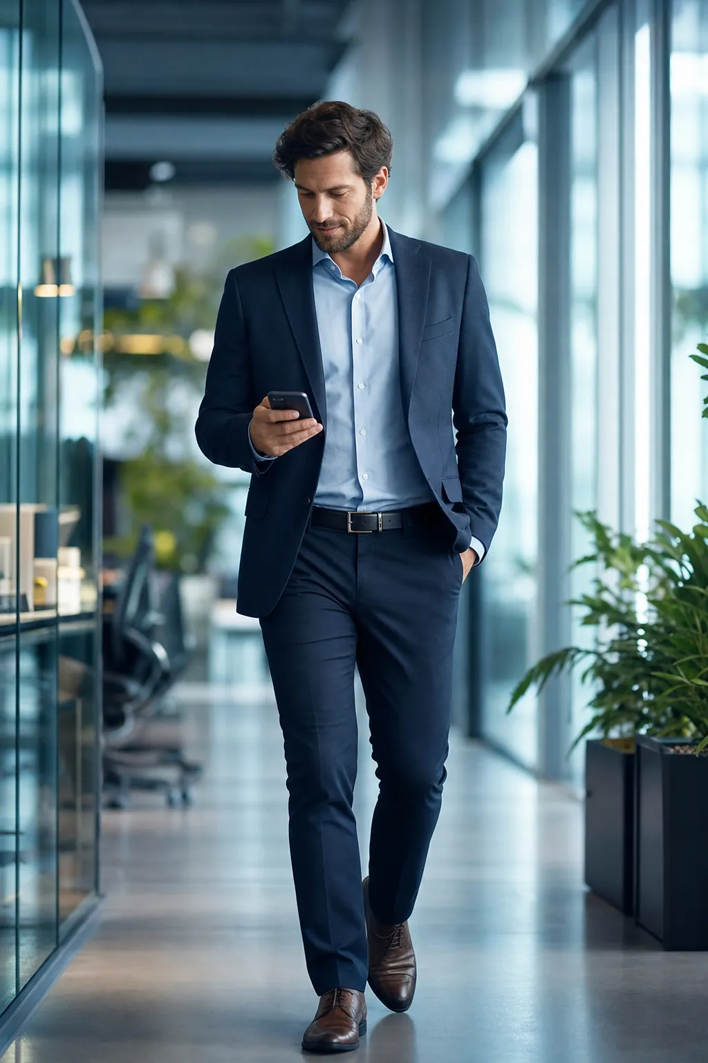 Business customer checking his company numbers in the mobile app while on the move