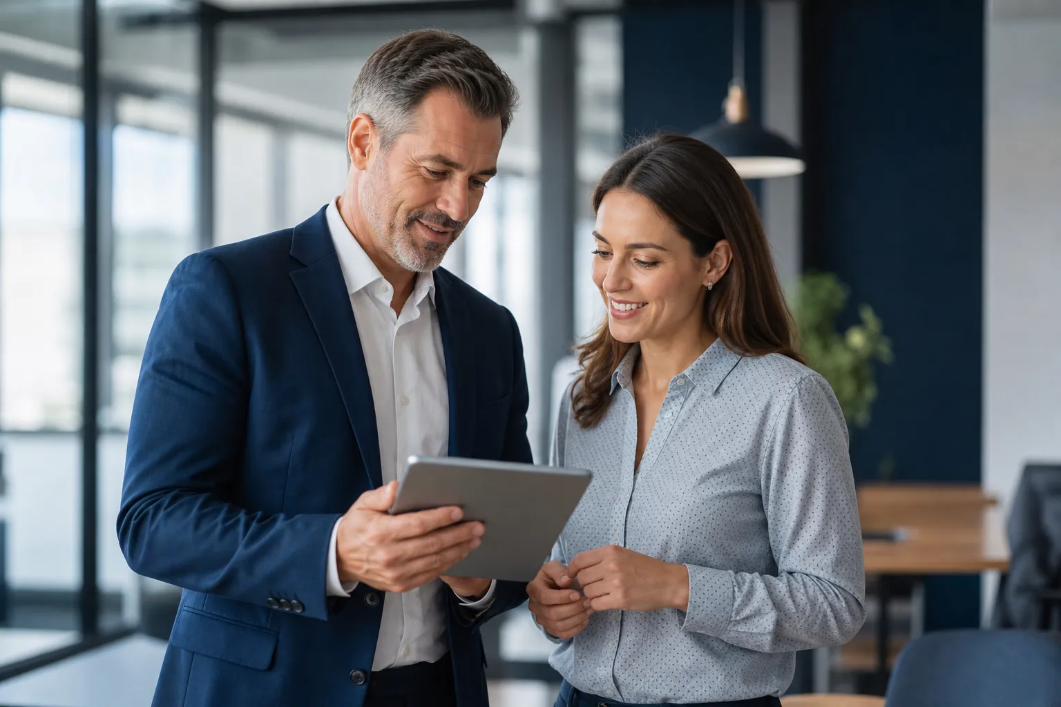 Colleagues reviewing their company mobile usage together on a tablet